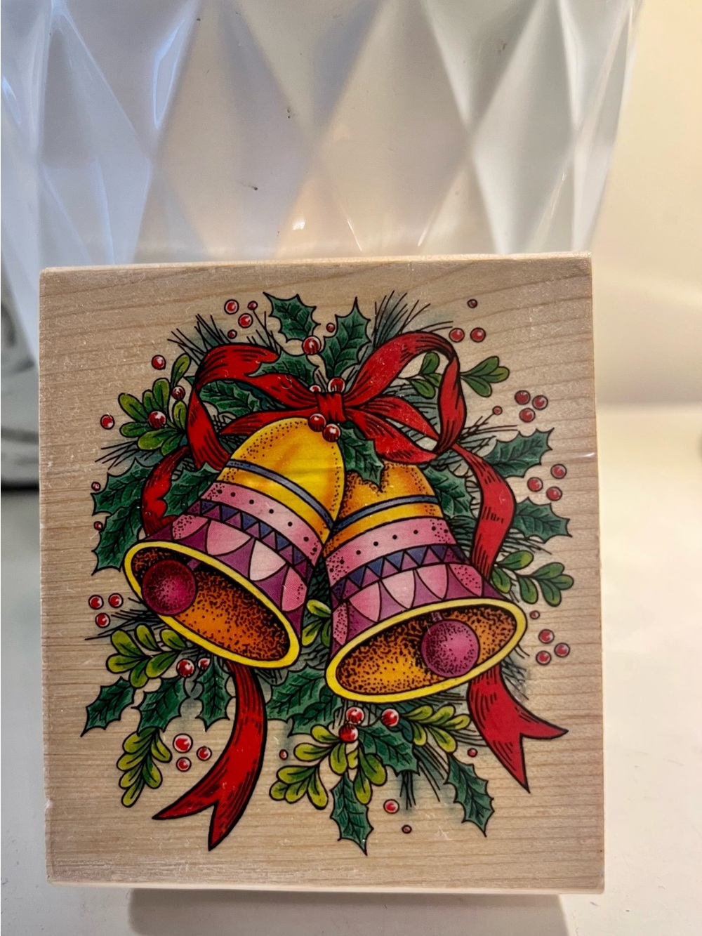 Vintage Holiday bells with ribbon and holly - 3" wooden and rubber stamp
